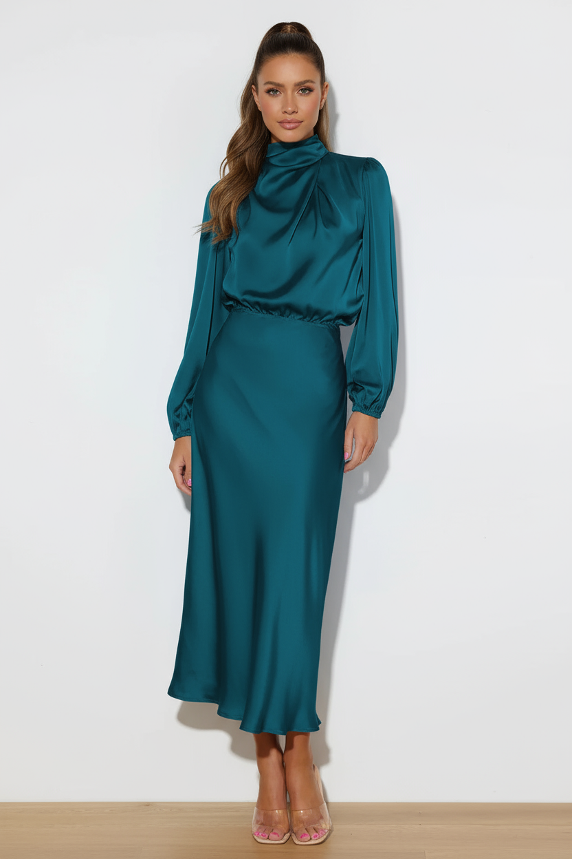 Floor Length Dress Women Elegant A Line with Pleated Detail