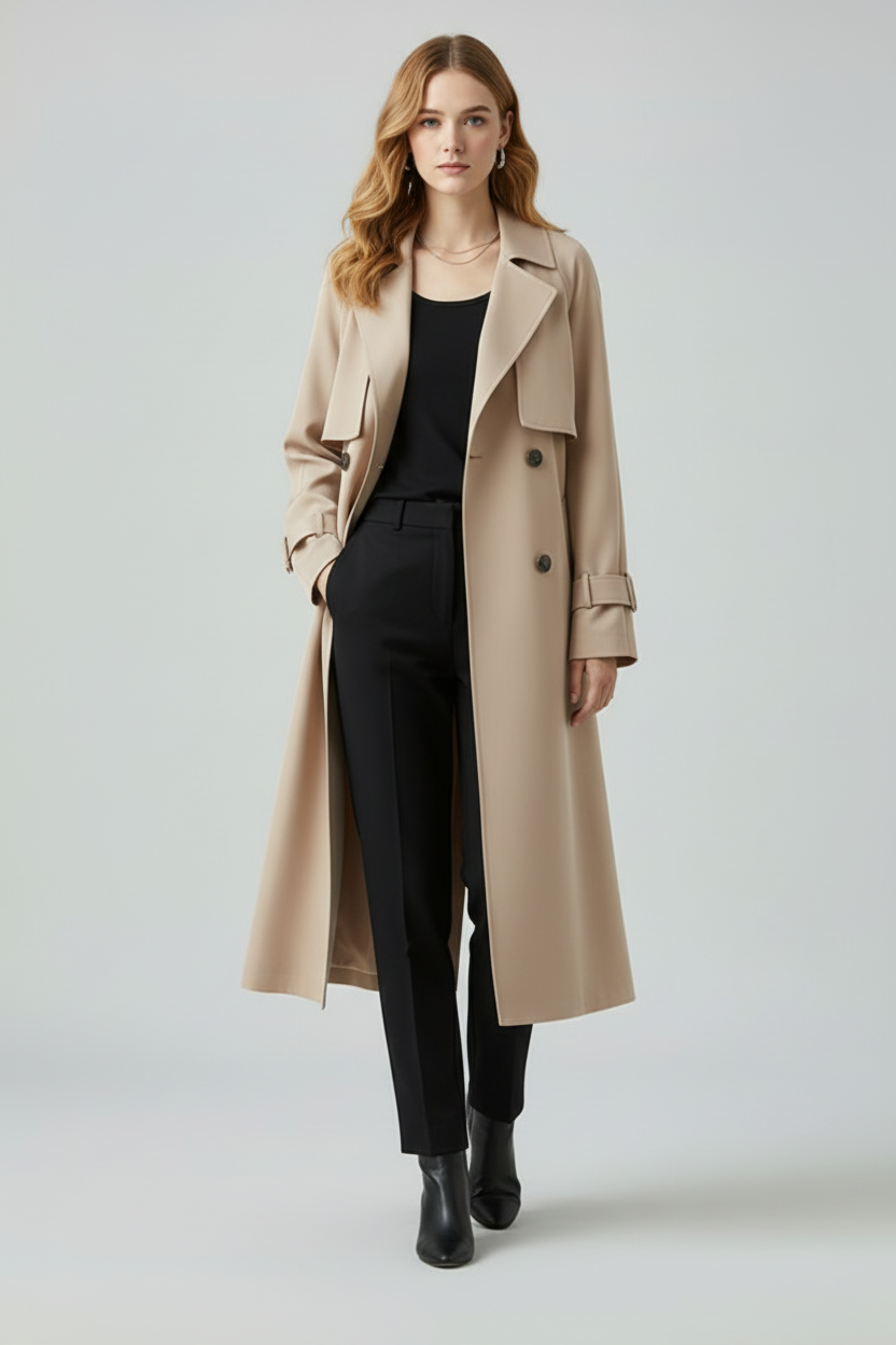 Women’s Trench Coat with Notched Lapel and Double-Button Closure