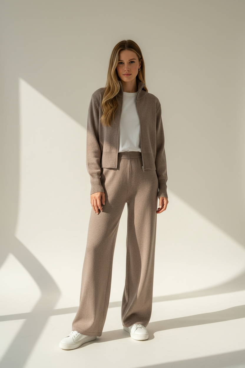 Knitted Zip Jacket and Wide Leg Trousers Two Piece Set