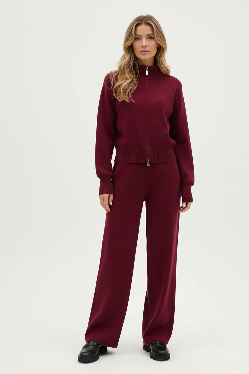 Knitted Zip Jacket and Wide Leg Trousers Two Piece Set