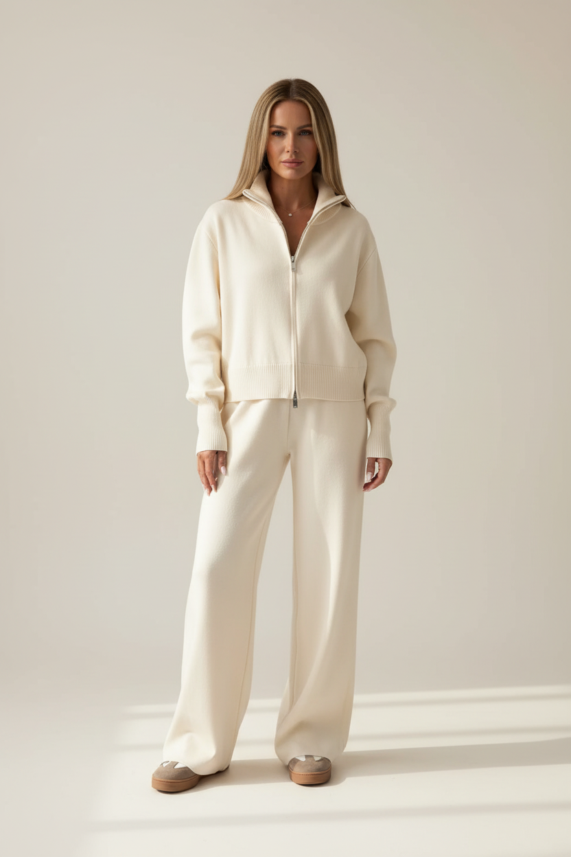 Knitted Zip Jacket and Wide Leg Trousers Two Piece Set