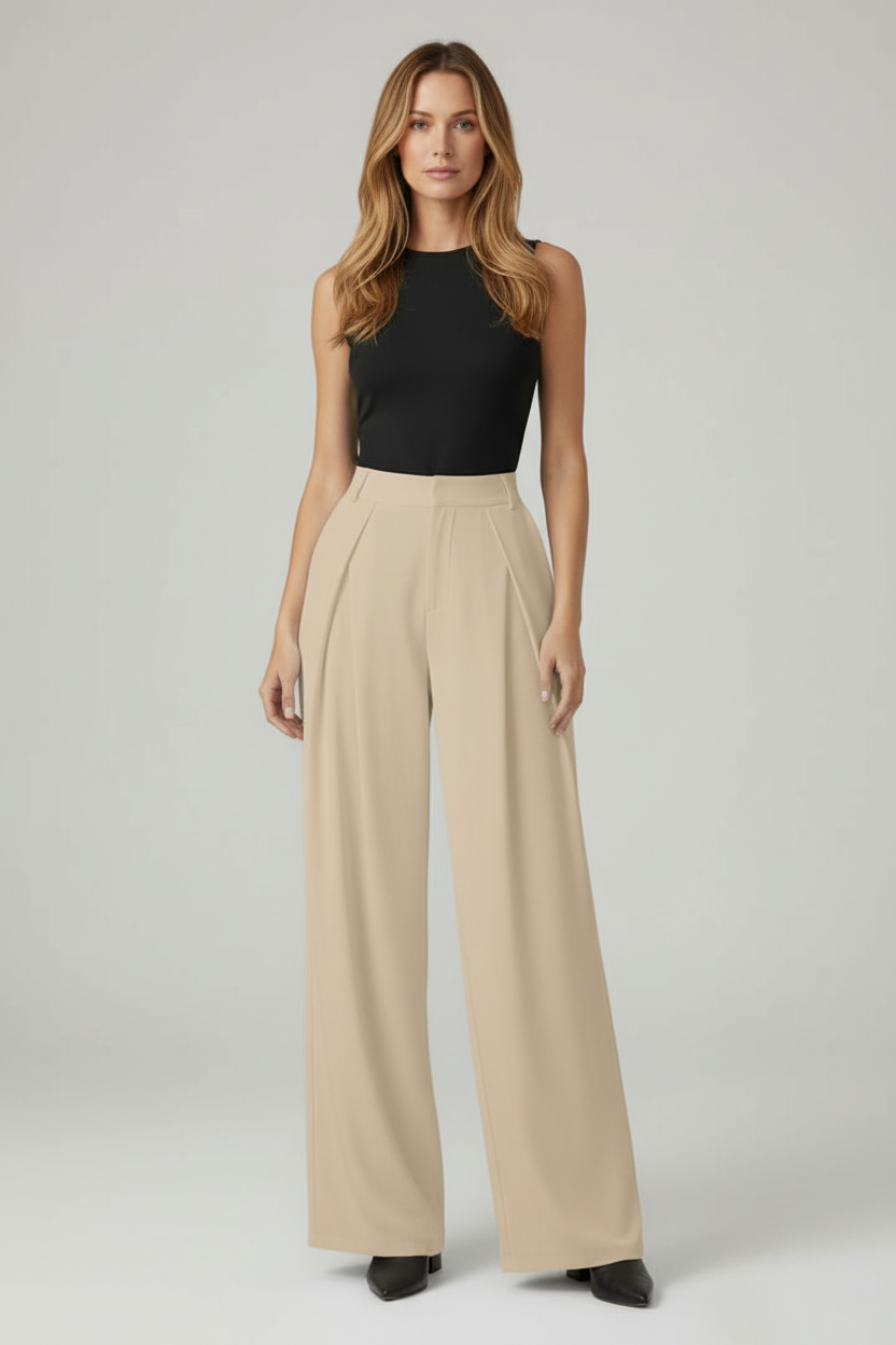 High Rise Wide Leg Trousers with Front Pleats