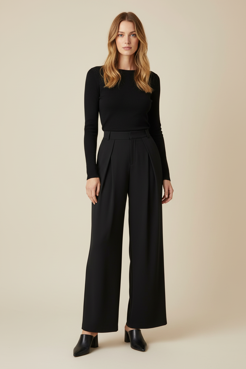 High Rise Wide Leg Trousers with Front Pleats
