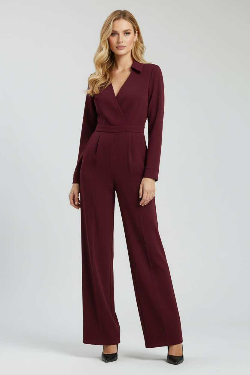 Collared Womens Jumpsuit with Button Front and Wide Legs