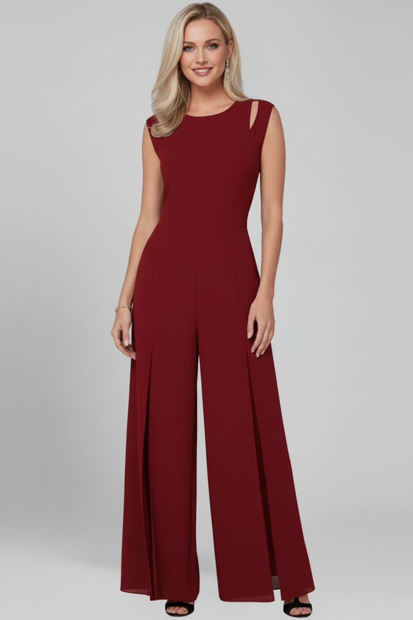 Sleeveless Wide Leg Jumpsuit with Round Neckline and Shaped Waist