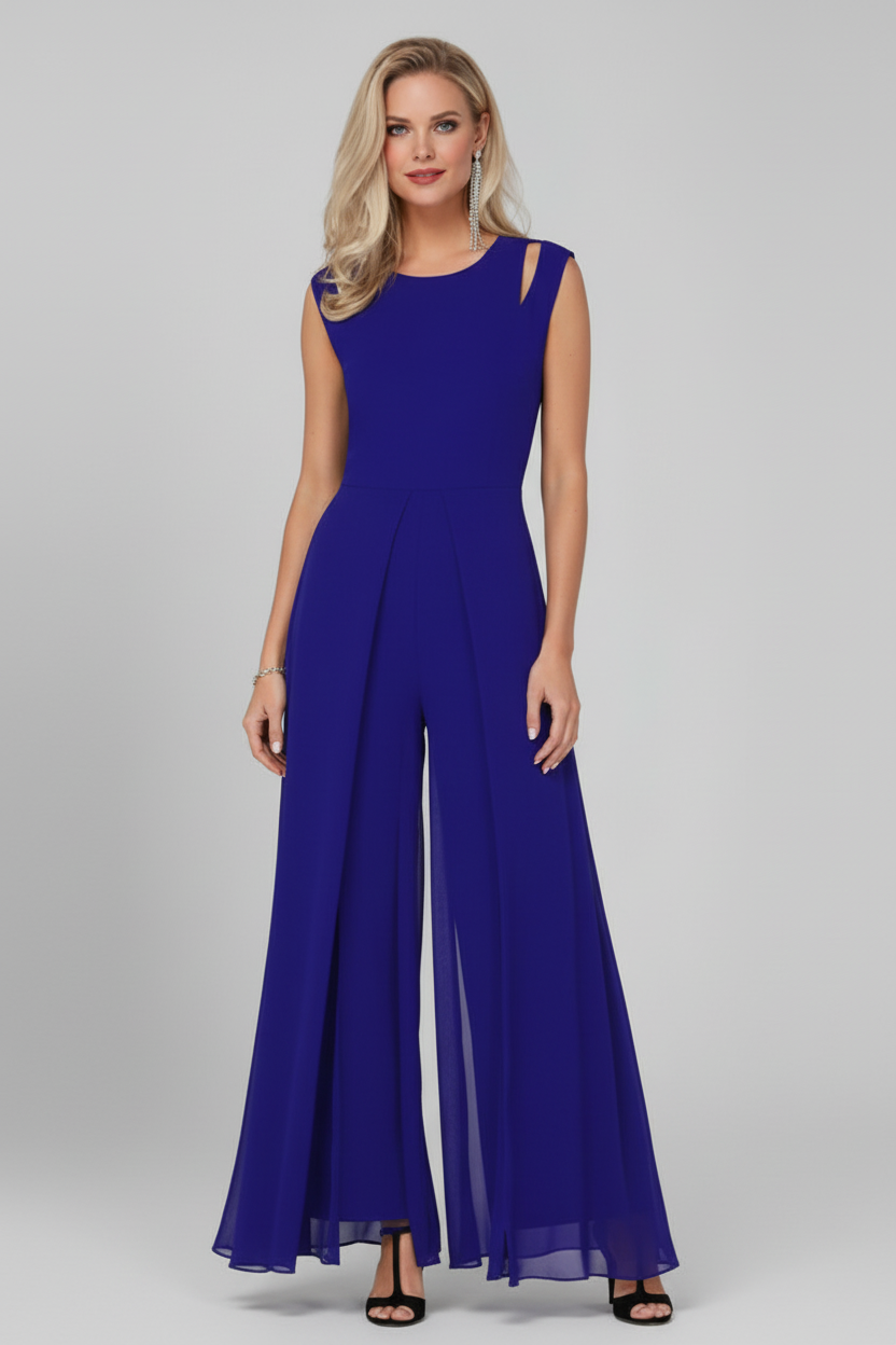 Sleeveless Wide Leg Jumpsuit with Round Neckline and Shaped Waist