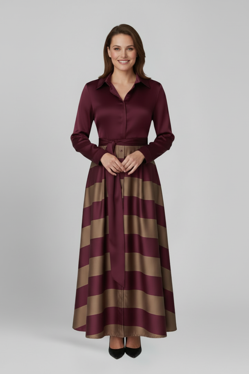 Striped Maxi Dress with Shirt Collar and Belted Waist