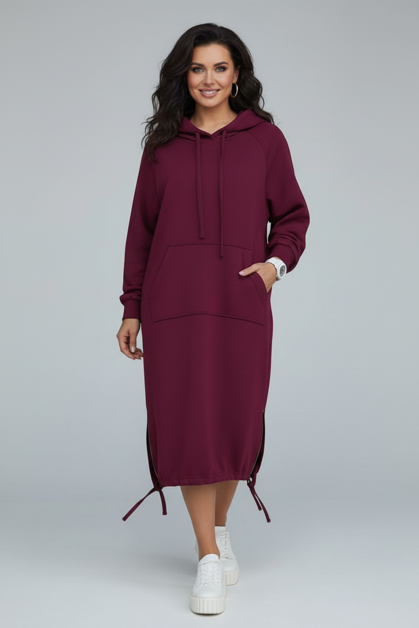 Hooded Knee Length Dress with Drawstring Hem and Front Pocket