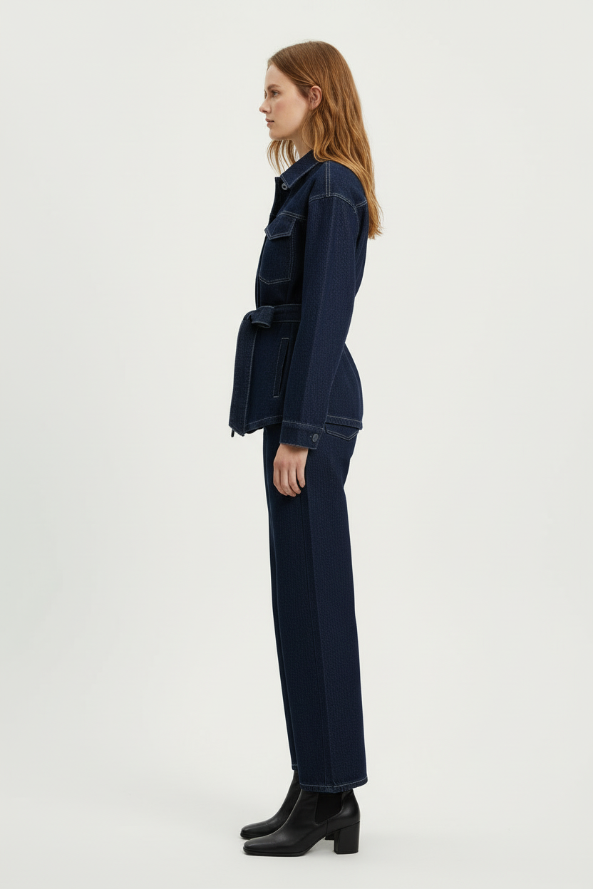 Belted Denim Jacket and Straight Leg Jeans Two Piece Set