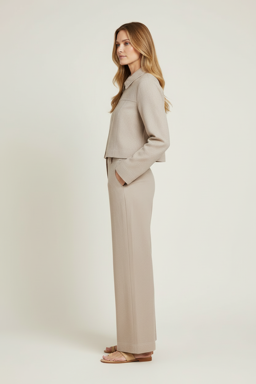Zip Front Cropped Denim Jacket and Wide Leg Trouser Set