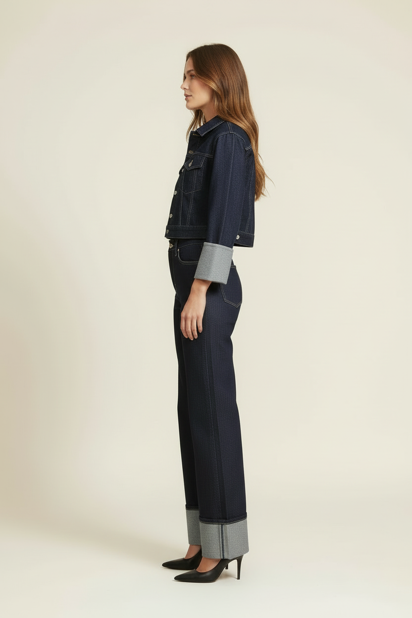 Cropped Denim Jacket and Wide Leg Jeans Two Piece Set