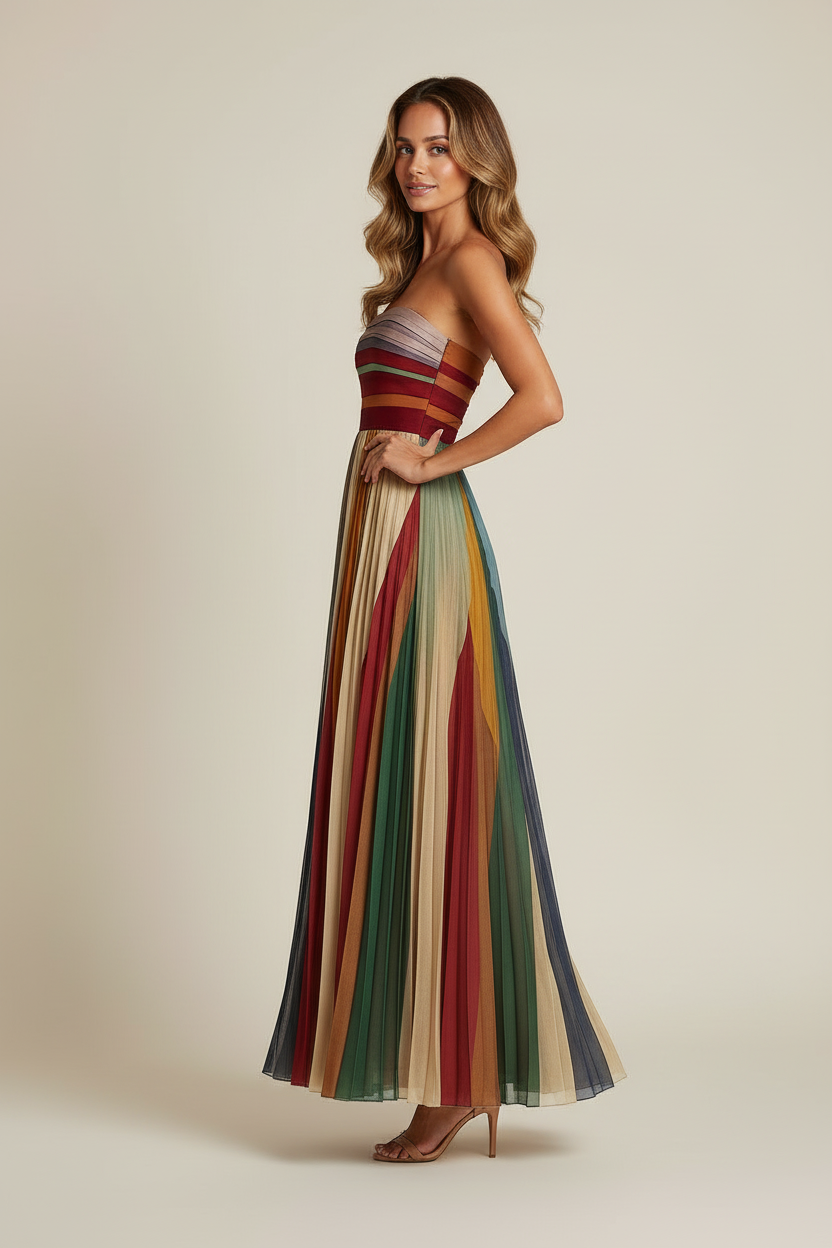 Pleated Strapless Maxi Dress in Jewel Tones