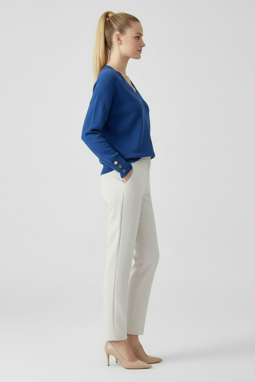 V Neck Womens Sweater with Dropped Shoulders and Buttoned Cuffs