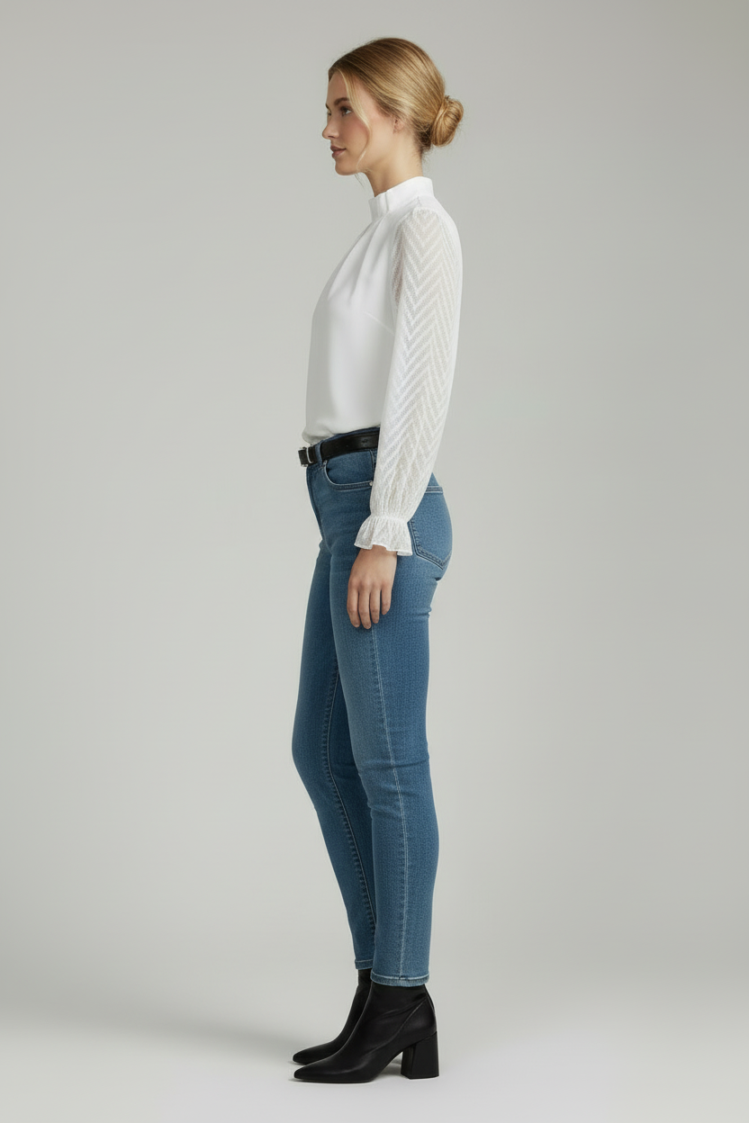 Long Sleeve Womens Top with Pleated Neckline and Textured Sleeves