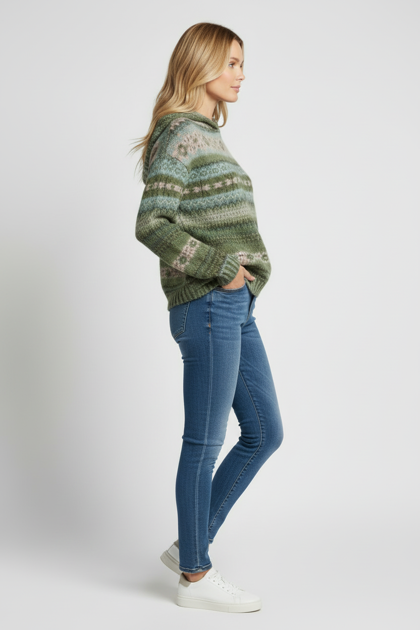 Multicoloured Knit Hoodie with Ribbed Cuffs and Hood