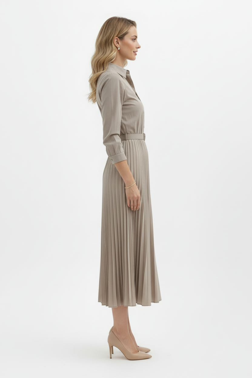 Collared Midi Dress with Button Front and Pleated Waist Skirt