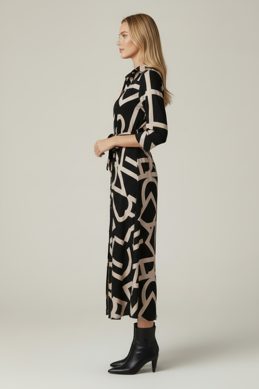 Patterned Midi Dress with Collar and Waist Tie