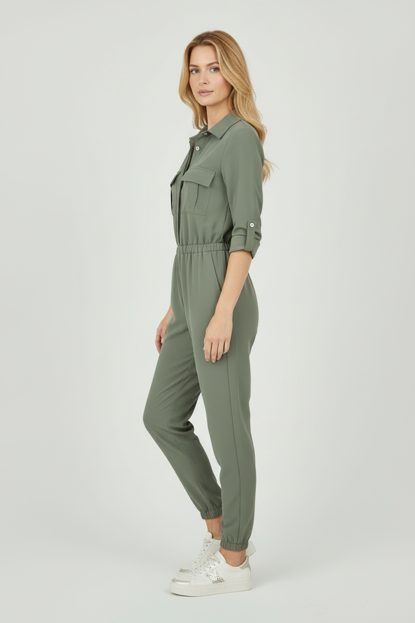 Women’s Button-Front Jumpsuit with Elastic Waist and Collar