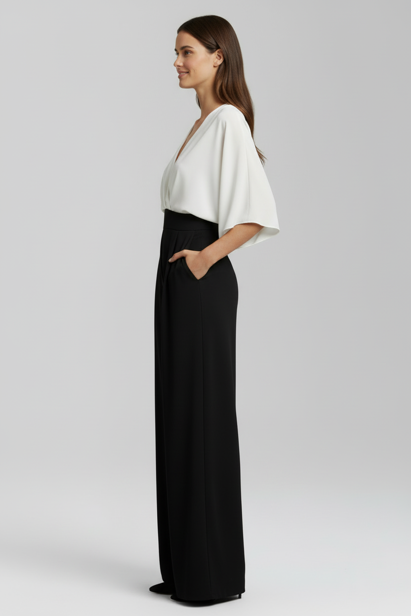 Women’s Loose-Fit Jumpsuit with V Neck and Batwing Sleeves