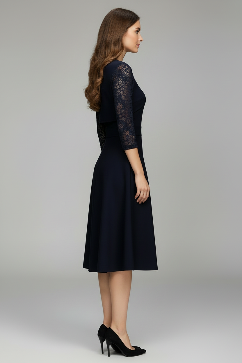 Flared Midi Dress with Lace Sleeves and Round Neck