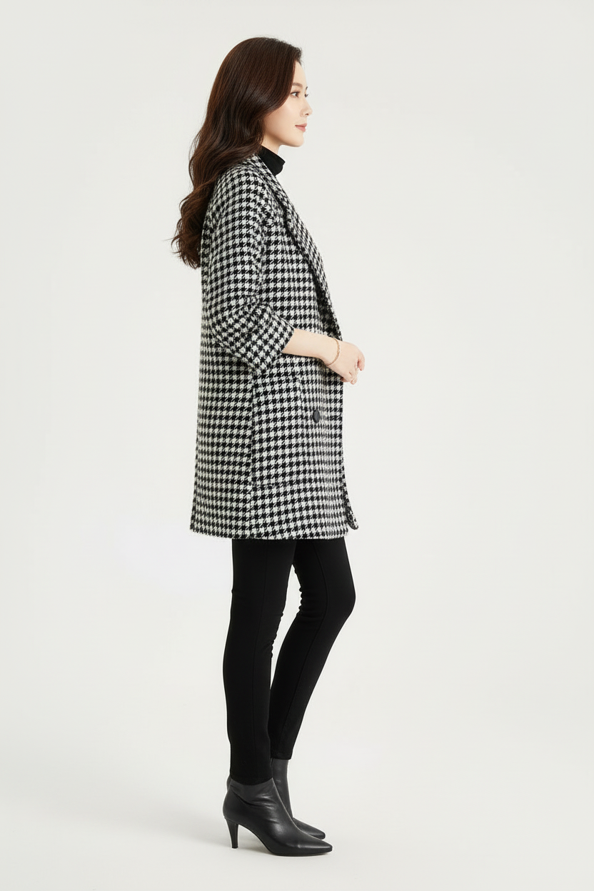 Double Breasted Checkered Coat with Notched Lapels