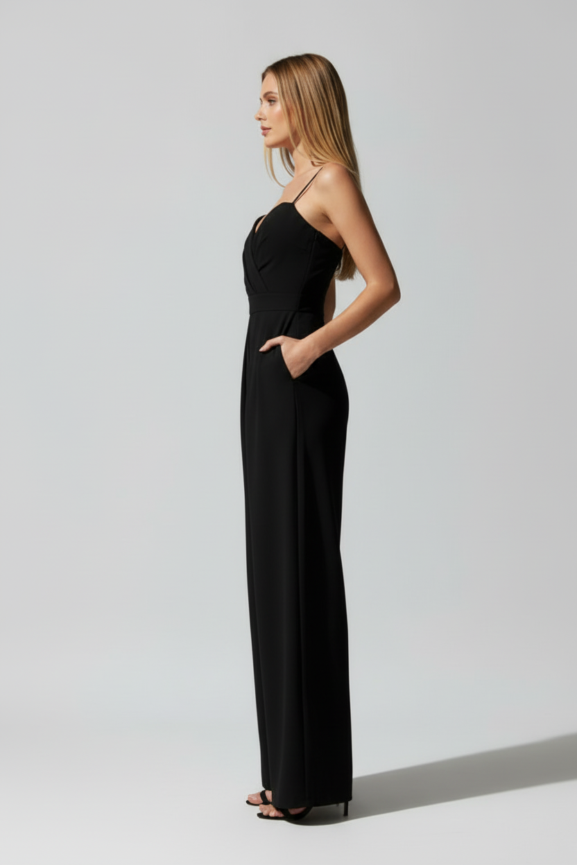 Women’s Sleeveless V Neck Jumpsuit with Wide Full-Length Legs