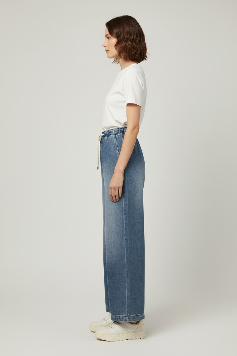 Wide Leg Womens Trousers with Drawstring Waist and Button Detail