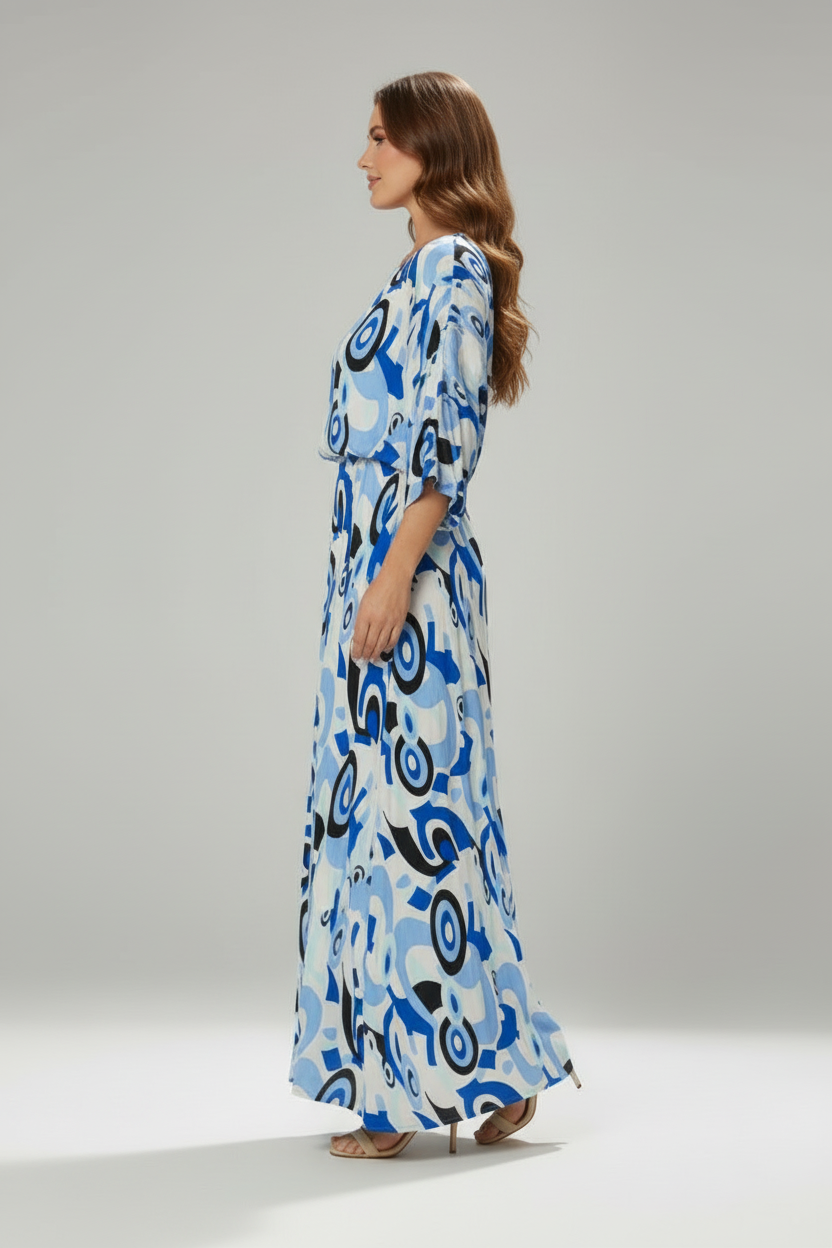Printed Maxi Dress with V Neck and Tie Waist Detail