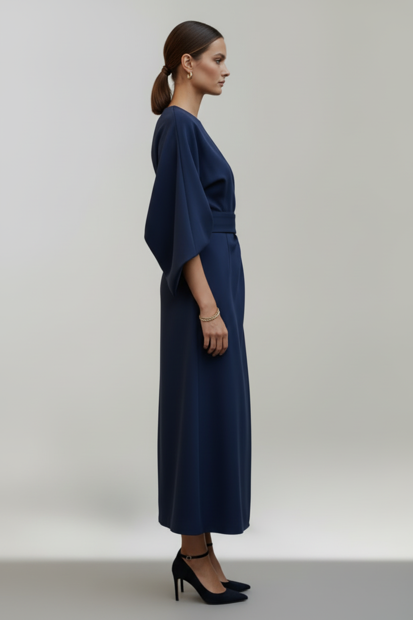 Belted Midi Dress with Wide Sleeves and Clean Silhouette