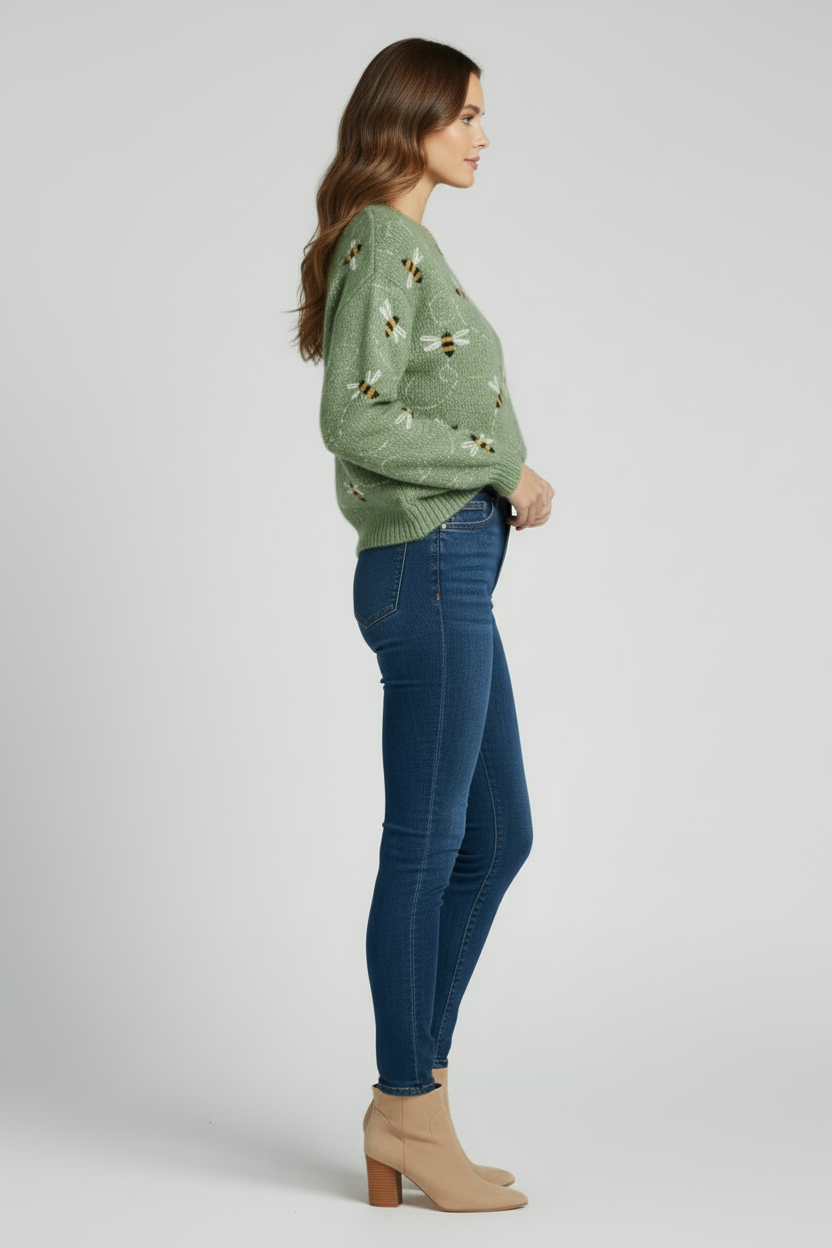 Womens Knit Sweater with Bee Pattern and Textured Body