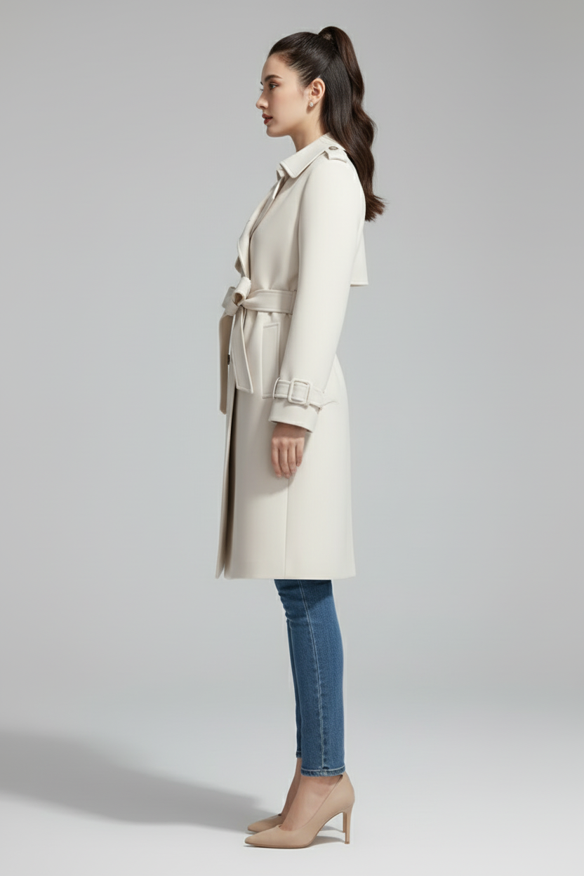 Womens Trench Coat with Classic Collar and Belted Closure