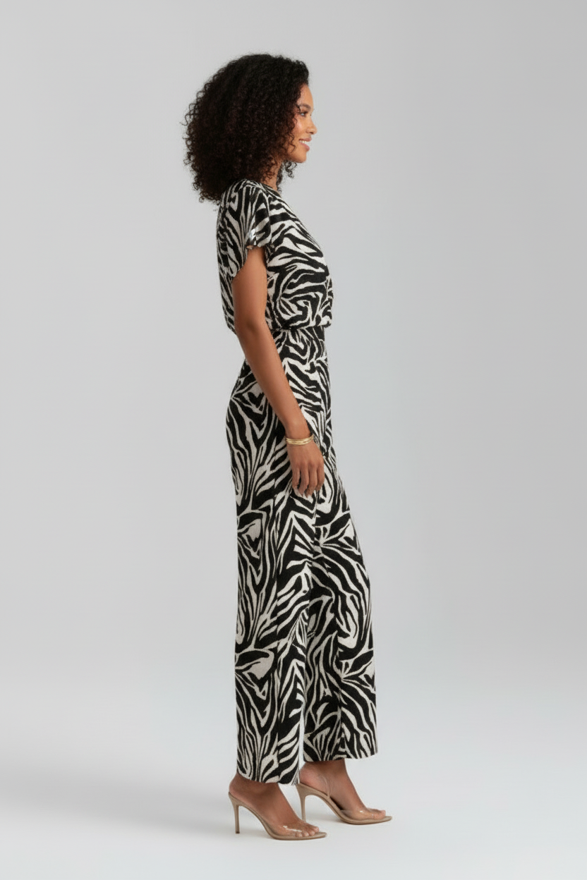 Printed Wide Leg Jumpsuit with V Neckline and Short Sleeves