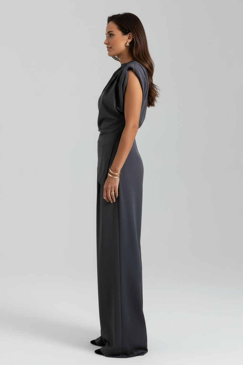 Asymmetric Neckline Wide Leg Jumpsuit with Fitted Waist