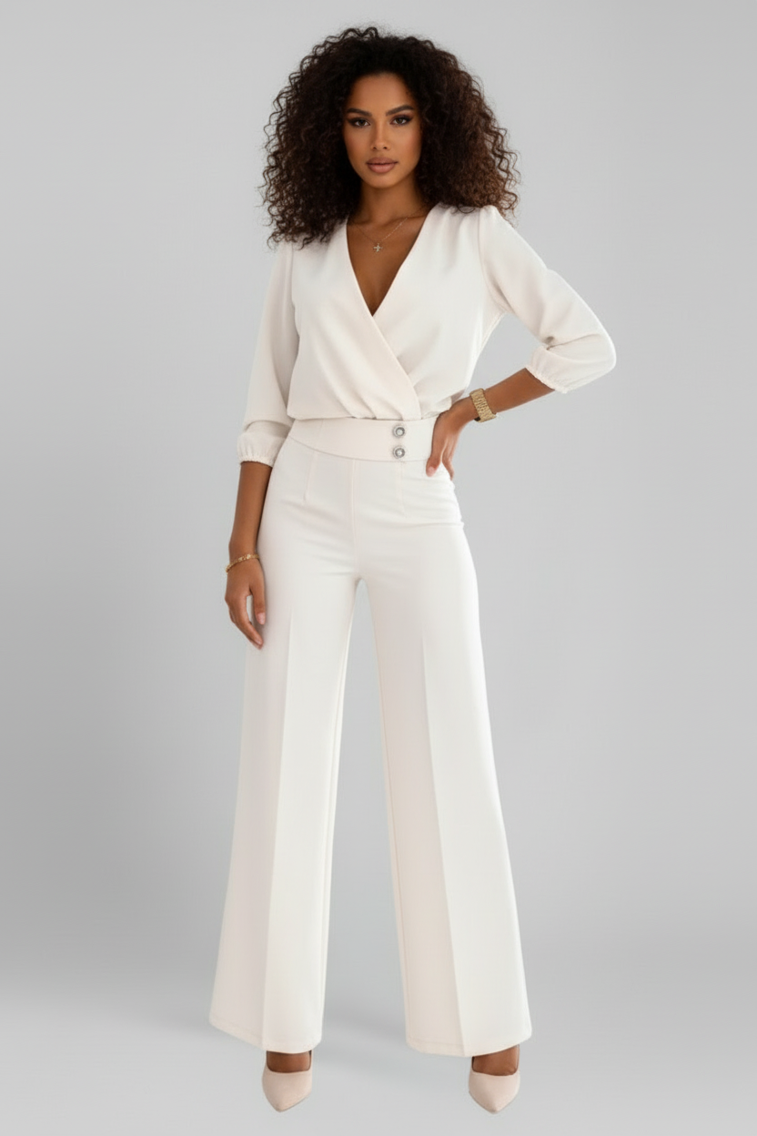 Long Sleeve Wide Leg Jumpsuit with V Neckline and Button Detail