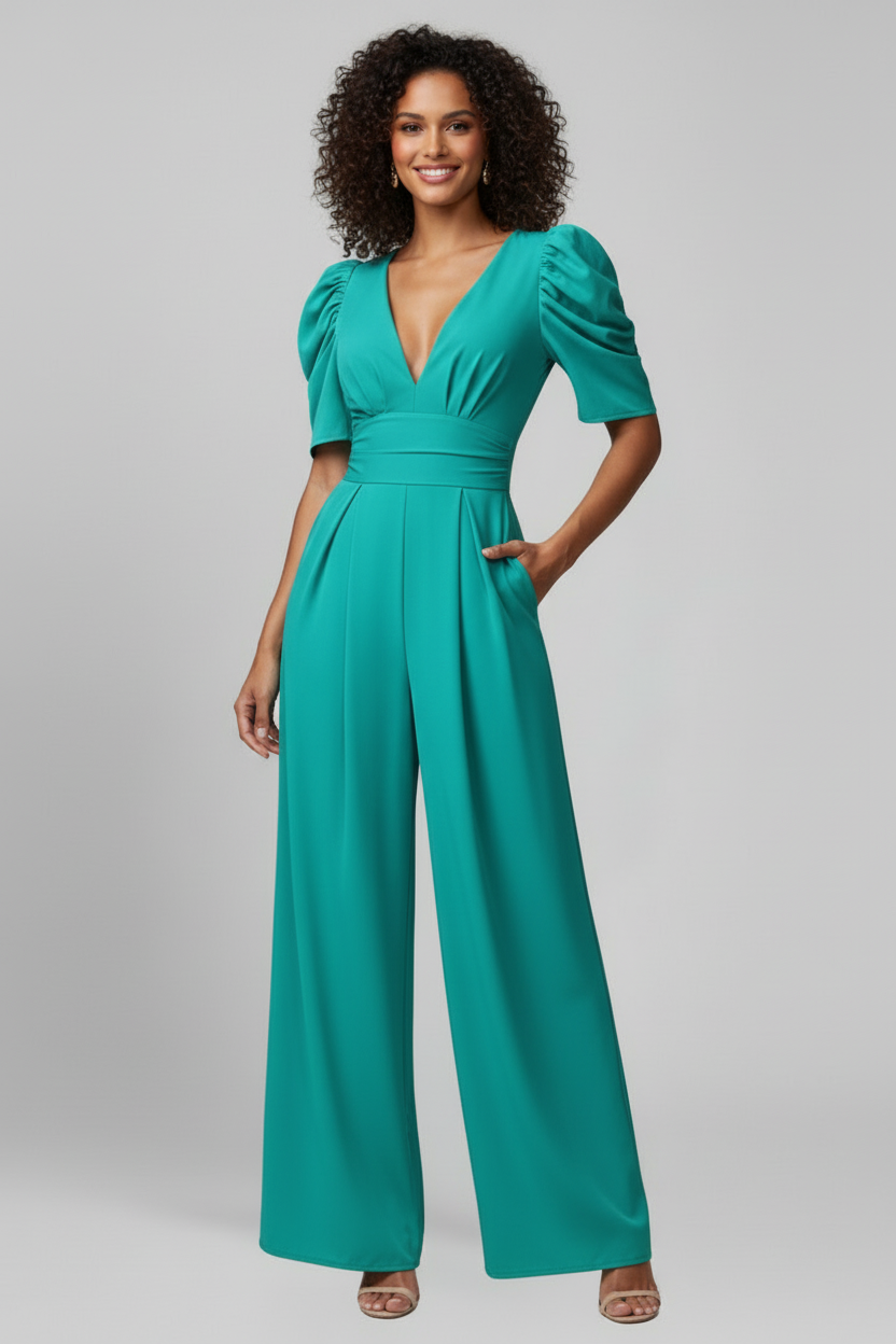 Wide Leg Jumpsuit with V Neckline and Puff Sleeves