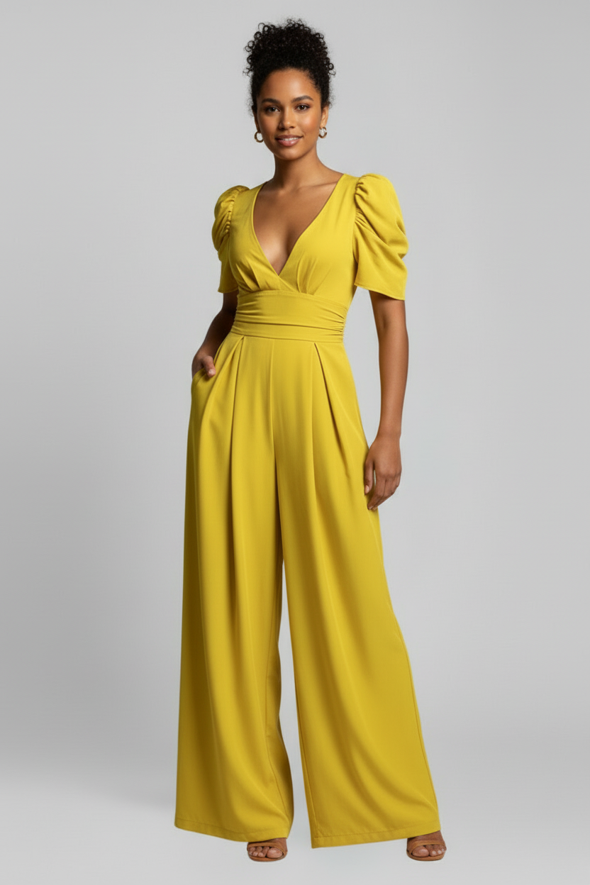 Wide Leg Jumpsuit with V Neckline and Puff Sleeves