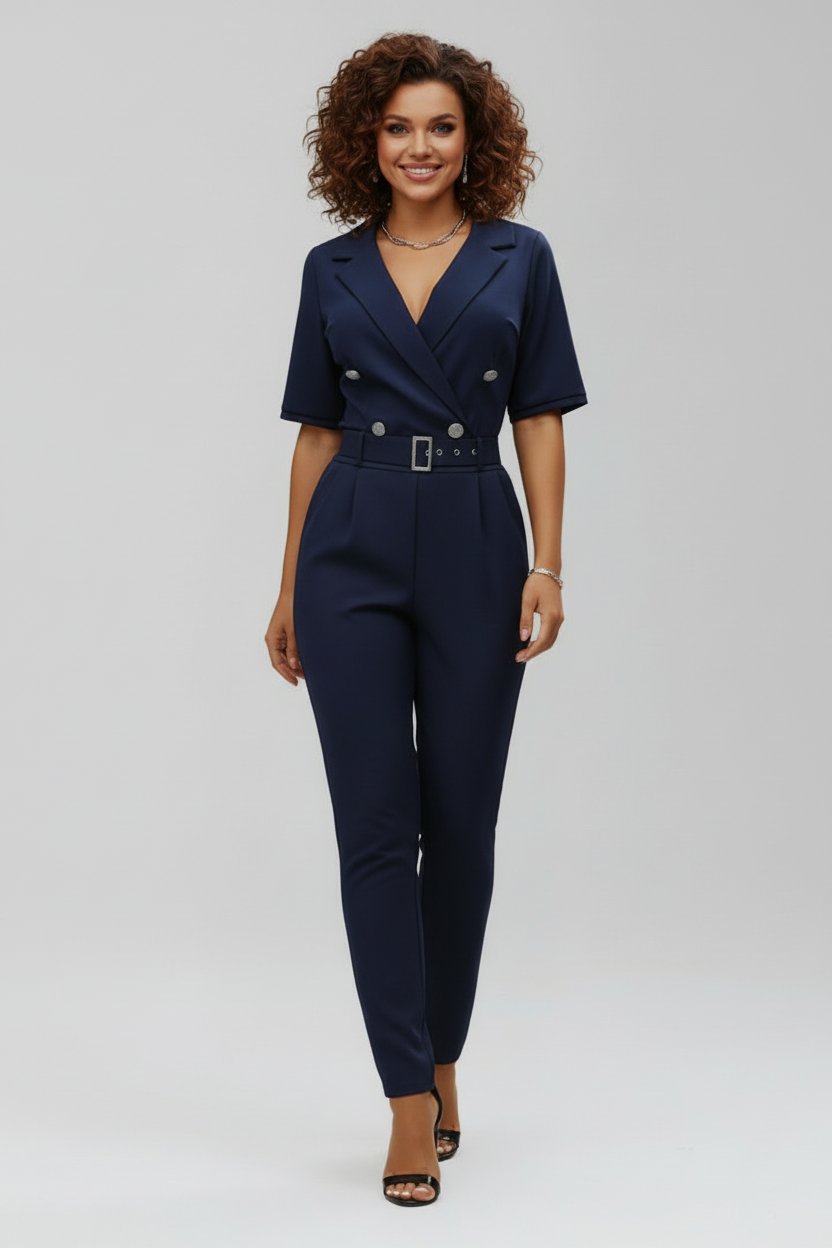 V Neck Jumpsuit with Short Sleeves Tied Waist and Button Detail