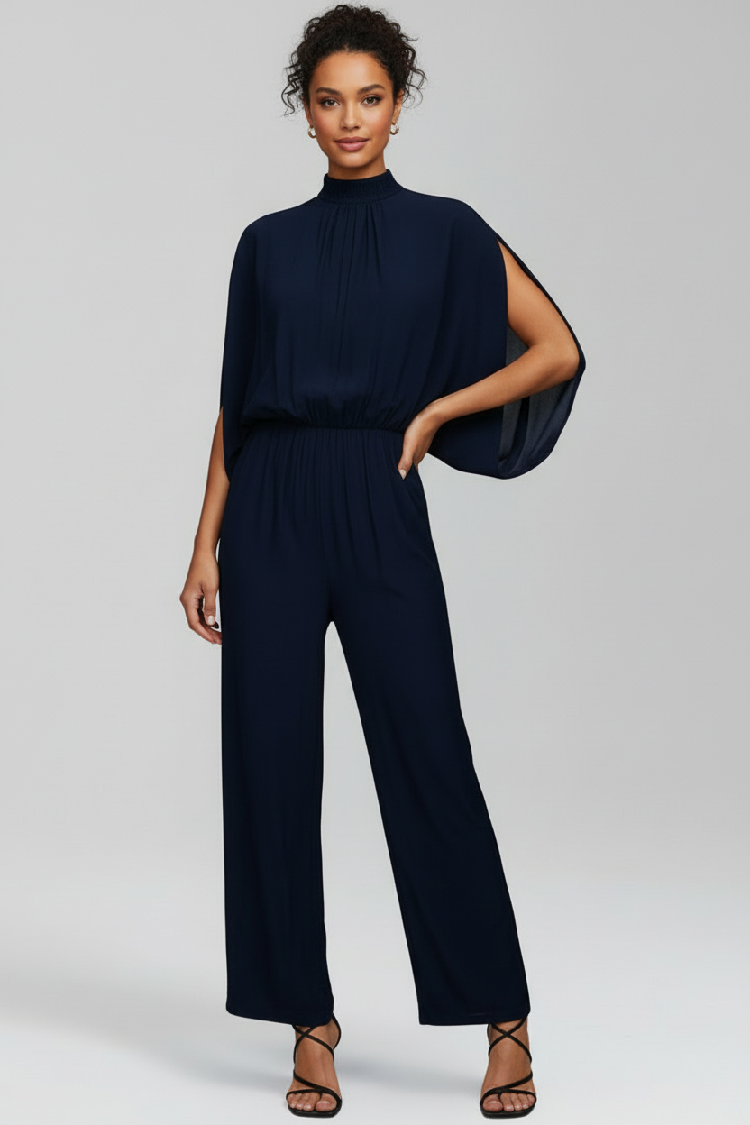 Wide Leg Jumpsuit with Stand Collar and Three Quarter Sleeves