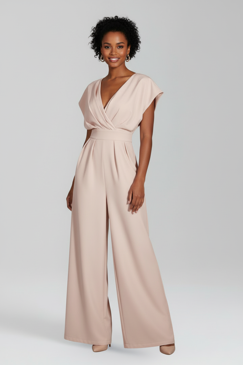 Wide Leg Jumpsuit with V Neckline and Short Sleeves
