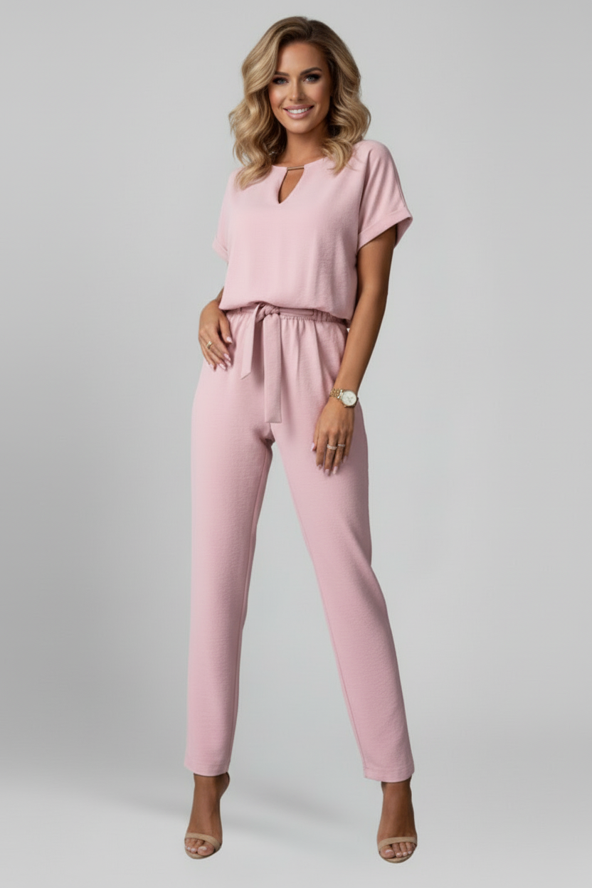 Short Sleeve Jumpsuit with V Neckline and Waist Tie
