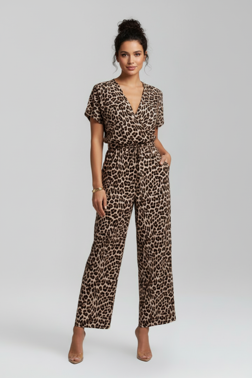 Printed Wide Leg Jumpsuit with V Neckline and Short Sleeves