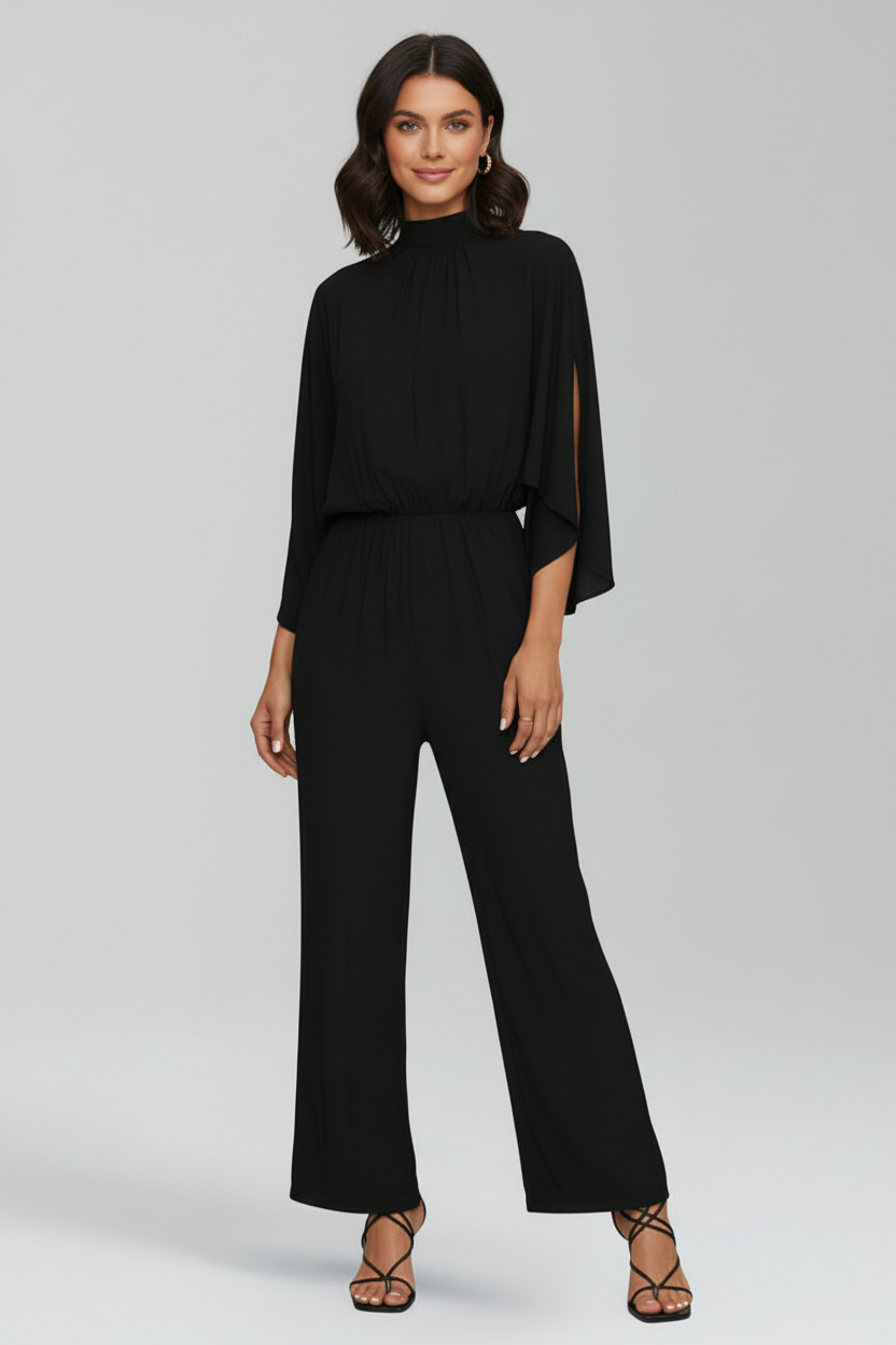 Wide Leg Jumpsuit with Stand Collar and Three Quarter Sleeves