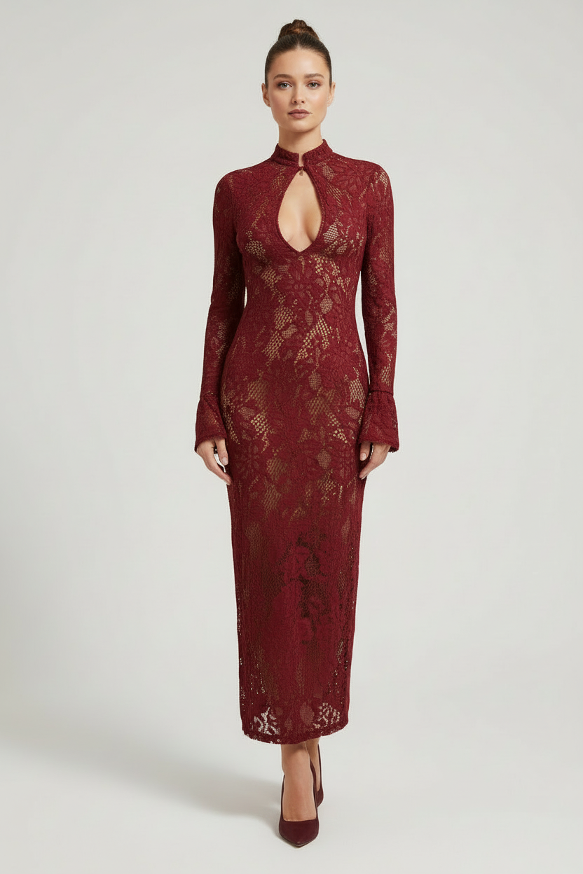 Floral Lace Dress with Bell Sleeves and Keyhole Detail