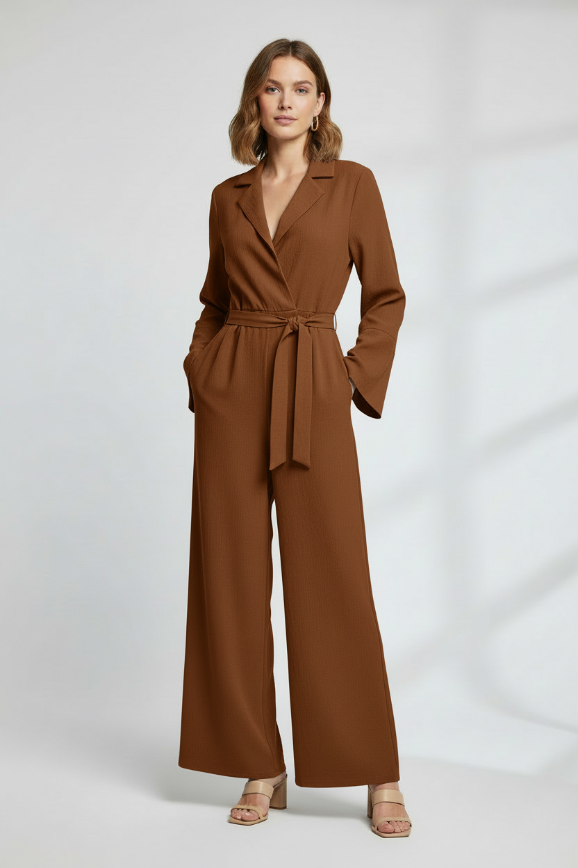 Wide Leg Jumpsuit with V Neckline and Integrated Waist Belt