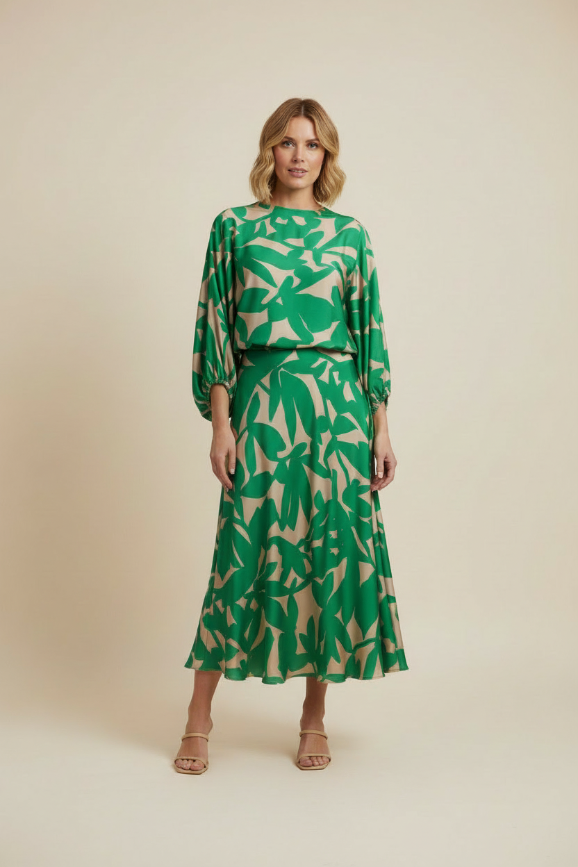 Printed Top and Skirt Set with Lantern Sleeves