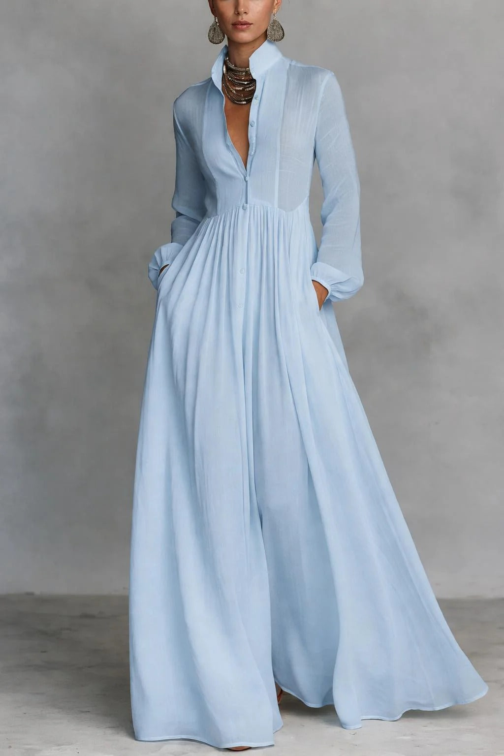 Lightweight Button-Front Maxi Dress With Long Sleeves