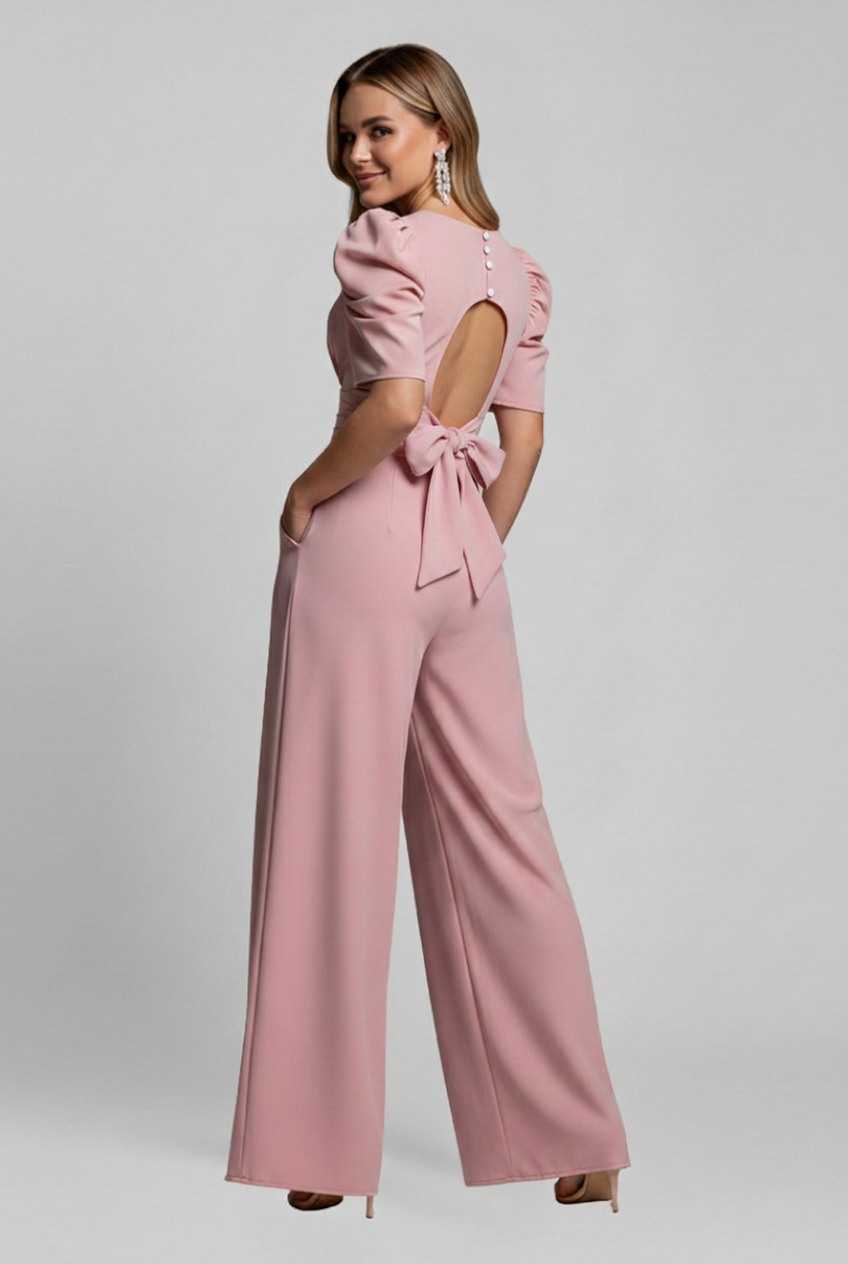 Wide Leg Jumpsuit with V Neckline and Puff Sleeves