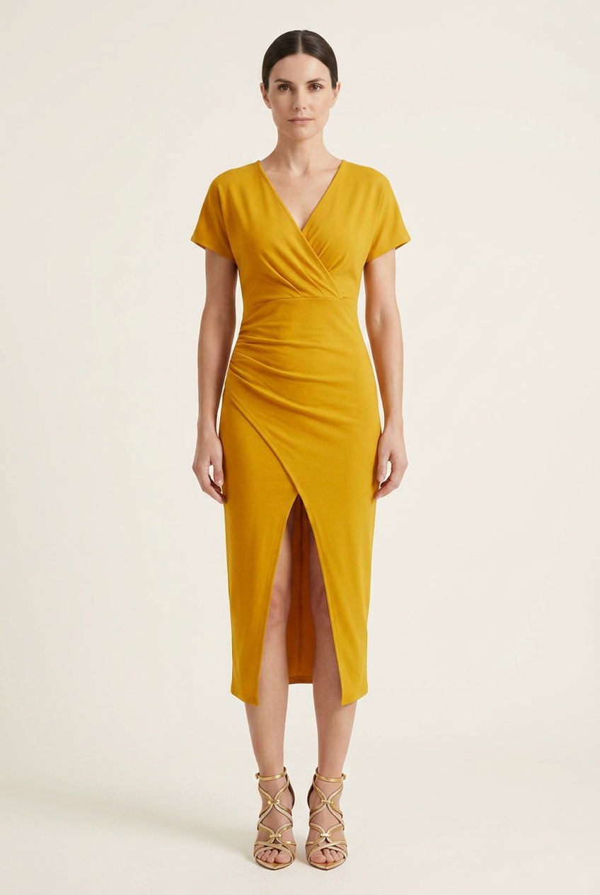 V Neck Midi Dress with Balanced Silhouette
