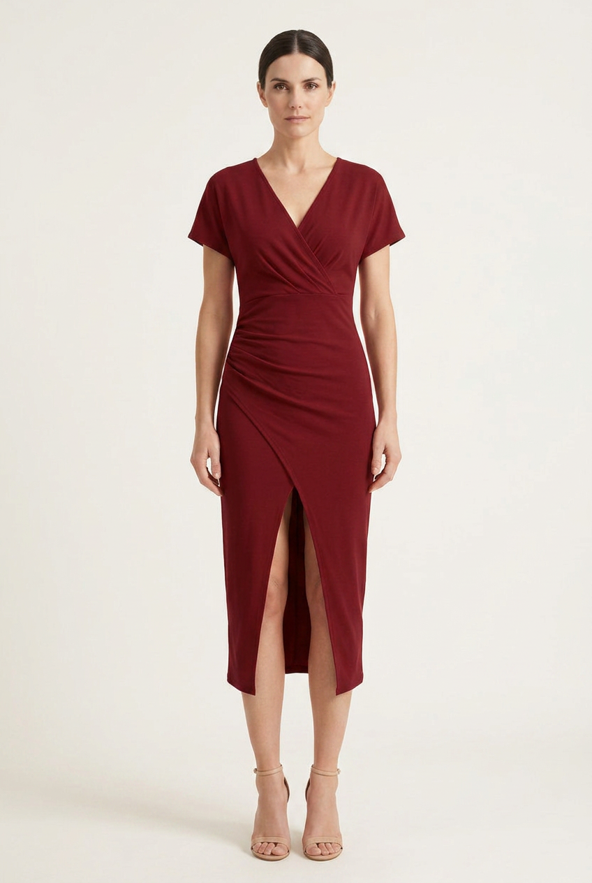 V Neck Midi Dress with Balanced Silhouette