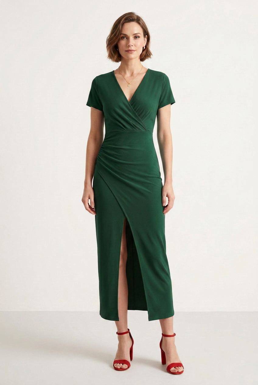 V Neck Midi Dress with Balanced Silhouette